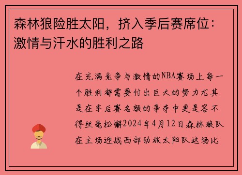 森林狼险胜太阳，挤入季后赛席位：激情与汗水的胜利之路